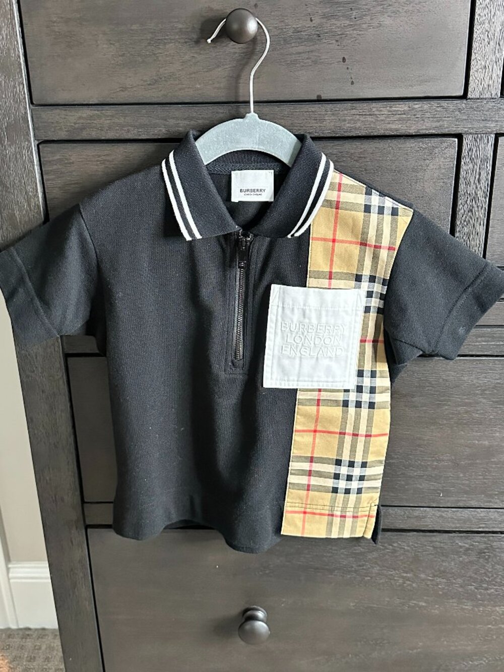 Burberry Boys Black Piqué Zip Polo Shirt Vintage Check Panel Logo Pocket 3Y 3T